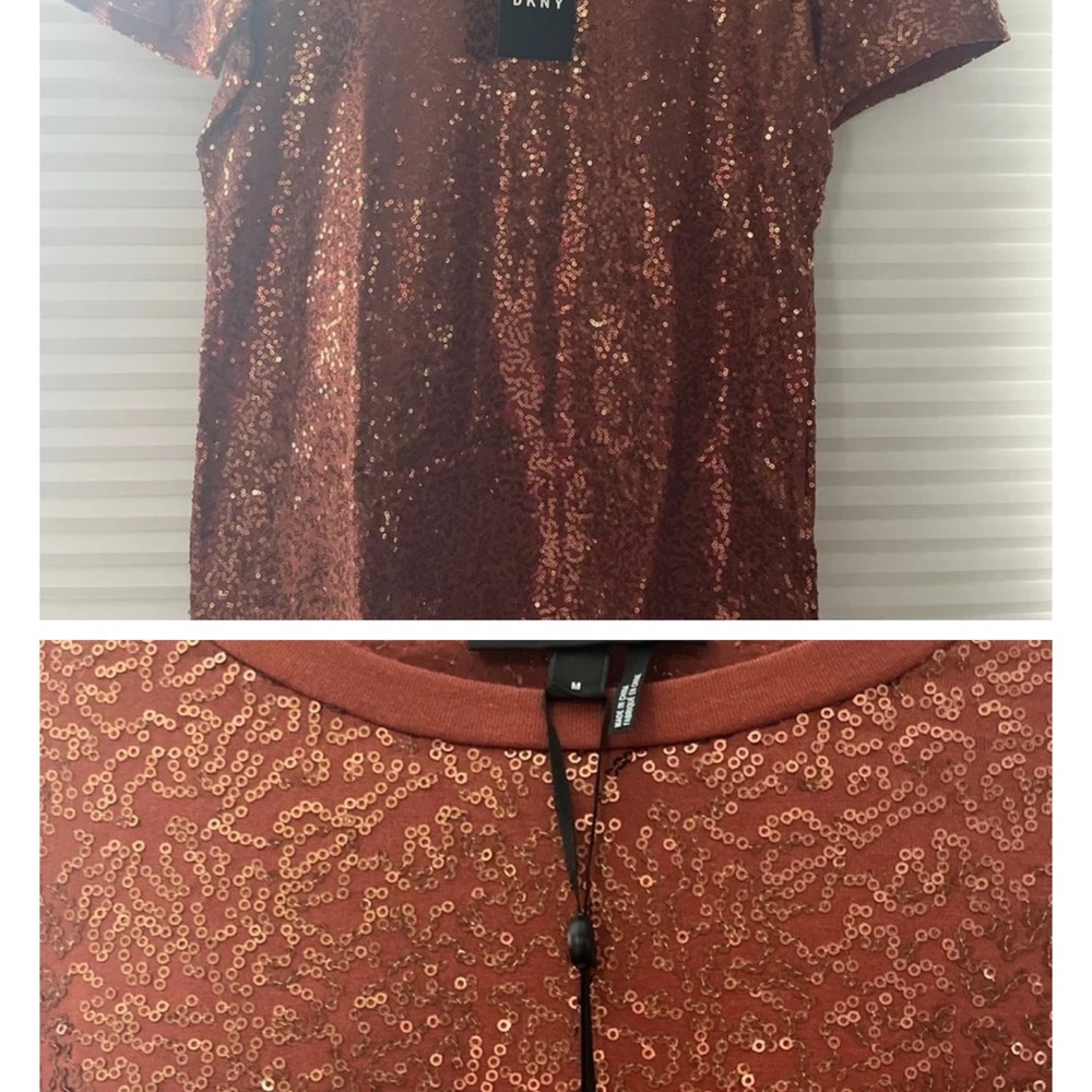 DKNY Women's Short Sleeve Sequin Top - Bronze